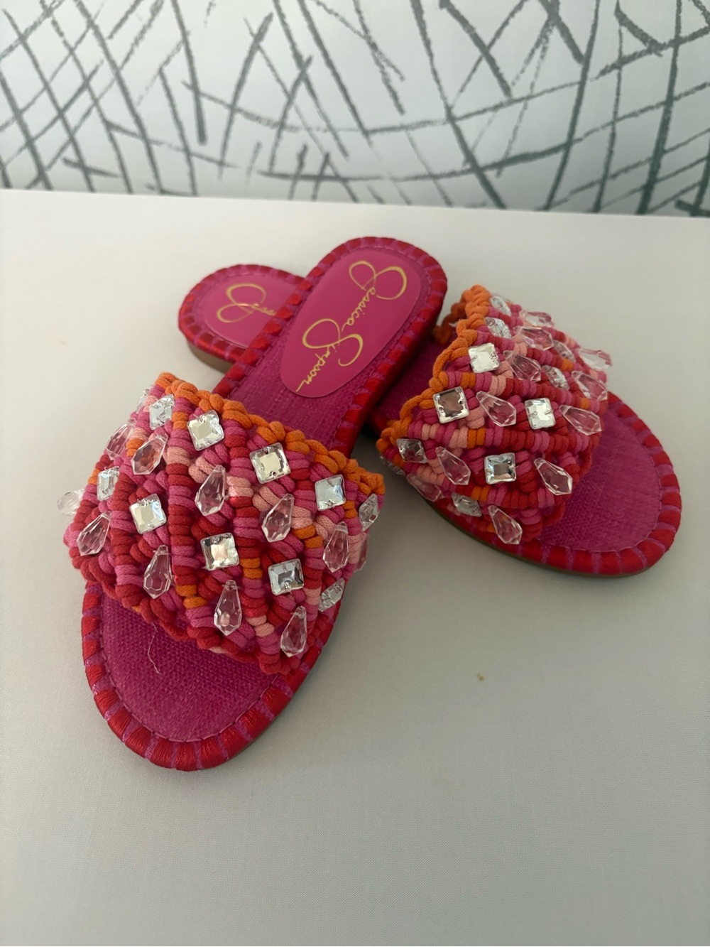 Jessica Simpson Hot Pink and Orange Beaded Slide Sandals